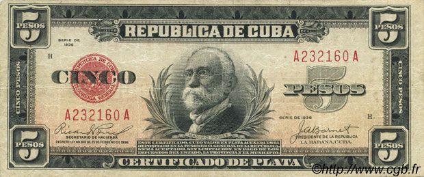 5 Pesos CUBA  1934 P.070b q.BB
