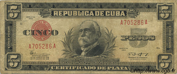 5 Pesos CUBA  1943 P.070e TB