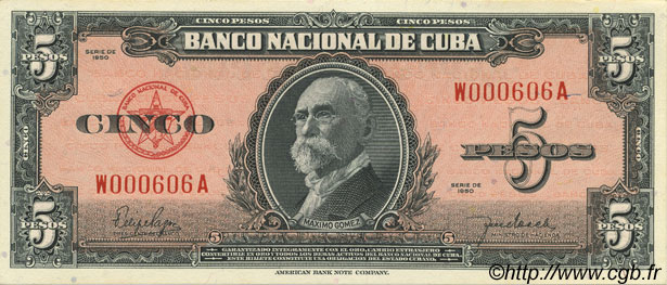 5 Pesos CUBA  1950 P.078b UNC