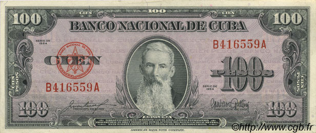 100 Pesos CUBA  1954 P.082b AU-