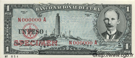 1 Peso Spécimen CUBA  1957 P.087s2 FDC