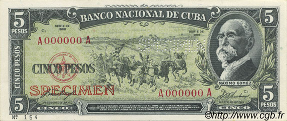 5 Pesos Spécimen CUBA  1958 P.091s1 FDC