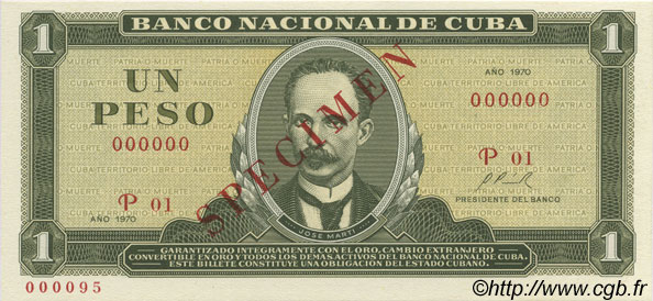 1 Peso Spécimen CUBA  1970 P.102s UNC