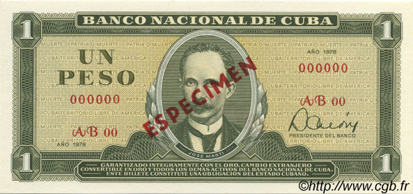 1 Peso Spécimen CUBA  1978 P.102s UNC