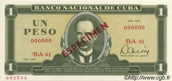 1 Peso Spécimen CUBA  1979 P.102s UNC
