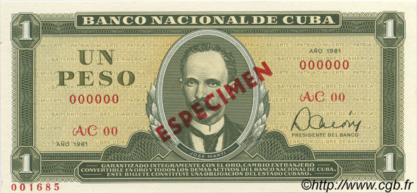 1 Peso Spécimen CUBA  1981 P.102s UNC-