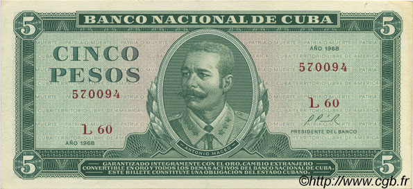 5 Pesos CUBA  1968 P.103a XF+