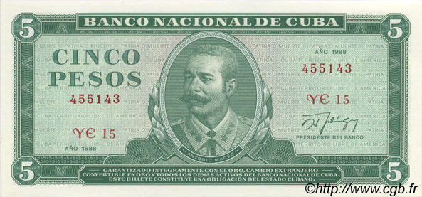 5 Pesos CUBA  1988 P.103d UNC