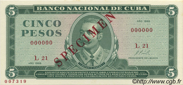 5 Pesos Spécimen CUBA  1968 P.103s UNC