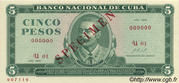 5 Pesos Spécimen CUBA  1970 P.103s q.FDC