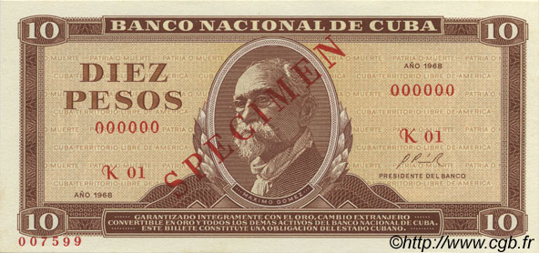 10 Pesos Spécimen CUBA  1968 P.104s UNC-