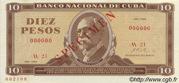10 Pesos Spécimen CUBA  1969 P.104s UNC