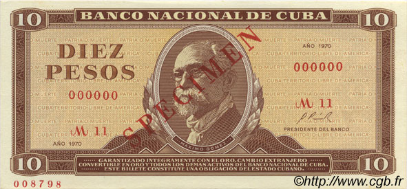10 Pesos Spécimen CUBA  1970 P.104s UNC-