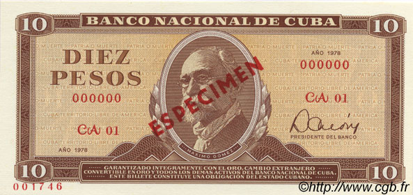 10 Pesos Spécimen CUBA  1978 P.104s FDC