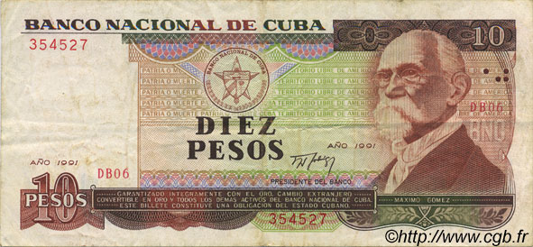 10 Pesos CUBA  1991 P.109 VF