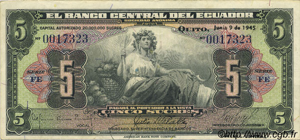 5 Sucres ECUADOR  1945 P.091b EBC