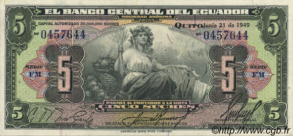 5 Sucres ECUADOR  1949 P.091c SC