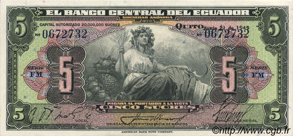 5 Sucres ECUADOR  1949 P.091c UNC