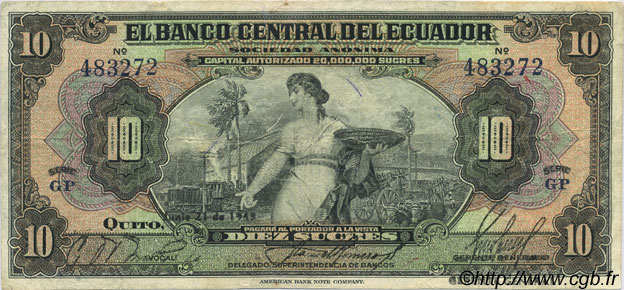 10 Sucres ECUADOR  1949 P.092d q.SPL