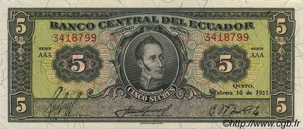 5 Sucres ECUADOR  1951 P.098a SC+