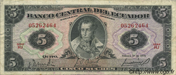 5 Sucres ECUADOR  1970 P.100d BC+