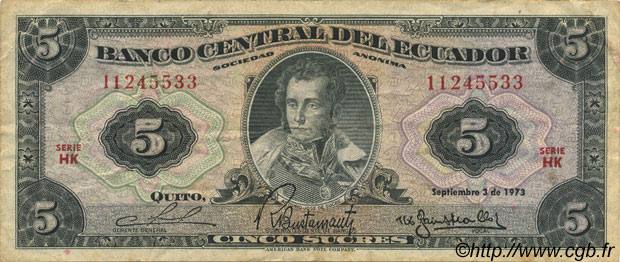 5 Sucres ECUADOR  1973 P.100d q.BB