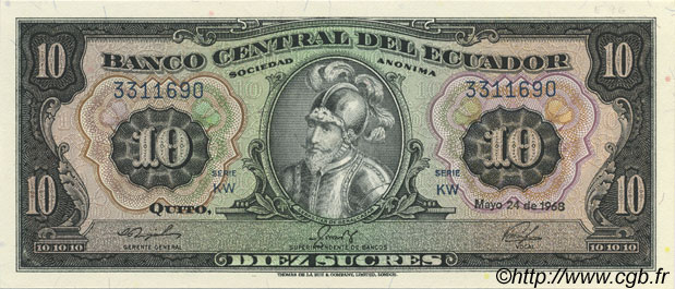 10 Sucres EKUADOR  1968 P.101Ab ST