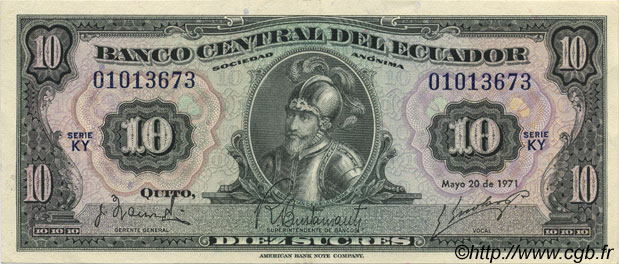 10 Sucres ECUADOR  1971 P.101Ab AU