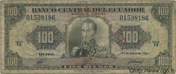 100 Sucres ECUADOR  1966 P.105var G