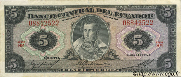 5 Sucres ECUADOR  1975 P.108a q.SPL