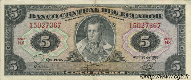 5 Sucres ECUADOR  1983 P.108b EBC