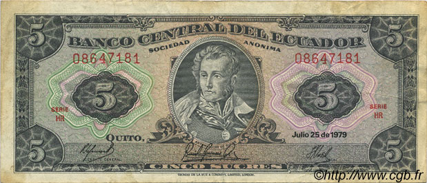 5 Sucres ECUADOR  1979 P.113c VF-