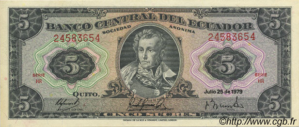 5 Sucres ECUADOR  1979 P.113c SC