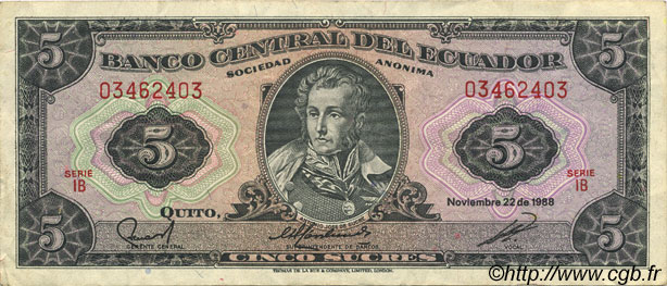 5 Sucres ECUADOR  1988 P.113d BB