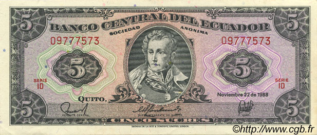 5 Sucres ECUADOR  1988 P.113d XF