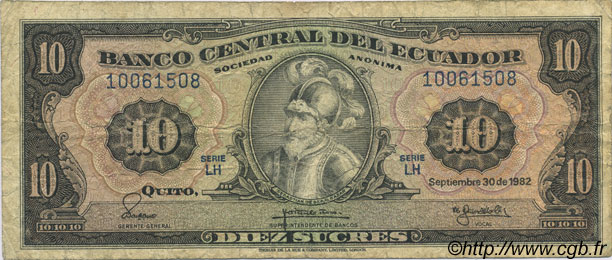 10 Sucres ECUADOR  1982 P.114b RC+