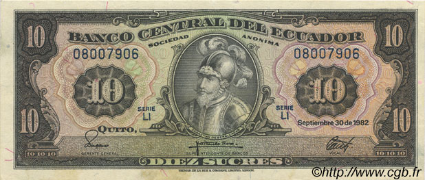 10 Sucres ECUADOR  1982 P.114b XF+