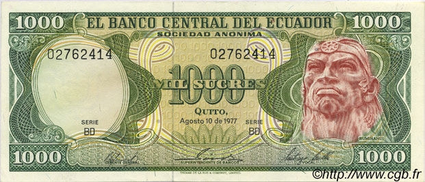 1000 Sucres EKUADOR  1977 P.120a fST