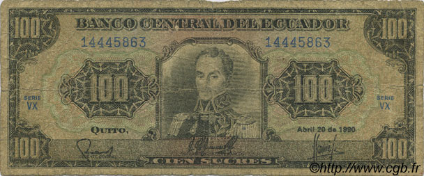 100 Sucres ECUADOR  1990 P.123 G