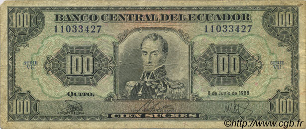 100 Sucres ECUADOR  1988 P.123Aa G