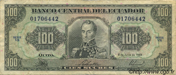 100 Sucres ECUADOR  1988 P.123Aa MB