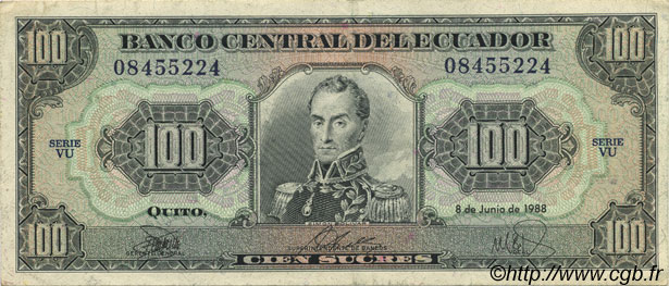100 Sucres ECUADOR  1988 P.123Aa XF