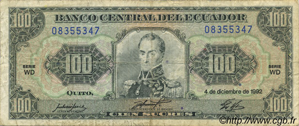100 Sucres ECUADOR  1992 P.123Ab F