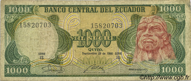 1000 Sucres ECUADOR  1986 P.125a F+