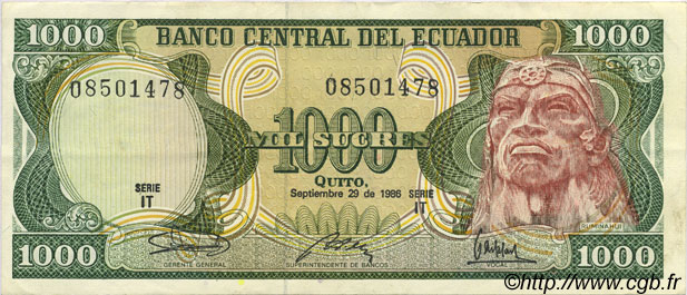 1000 Sucres ECUADOR  1986 P.125a MBC