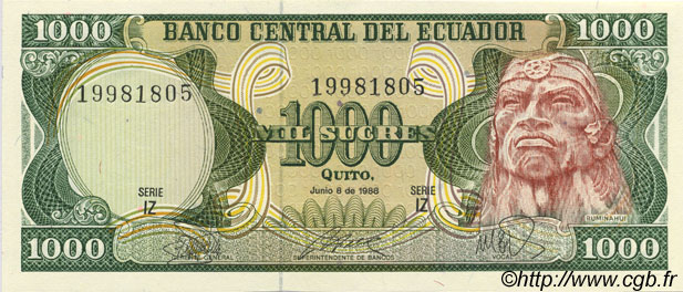 1000 Sucres ECUADOR  1988 P.125b SC+