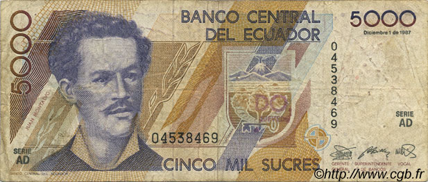 5000 Sucres EKUADOR  1987 P.126a fS