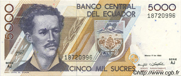 5000 Sucres ECUADOR  1992 P.128a AU