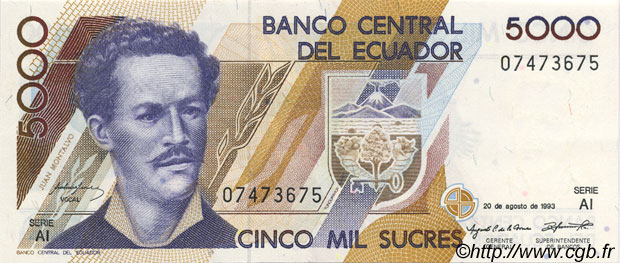 5000 Sucres EKUADOR  1993 P.128a fST+