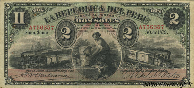 2 Soles PERú  1879 P.002 MBC
